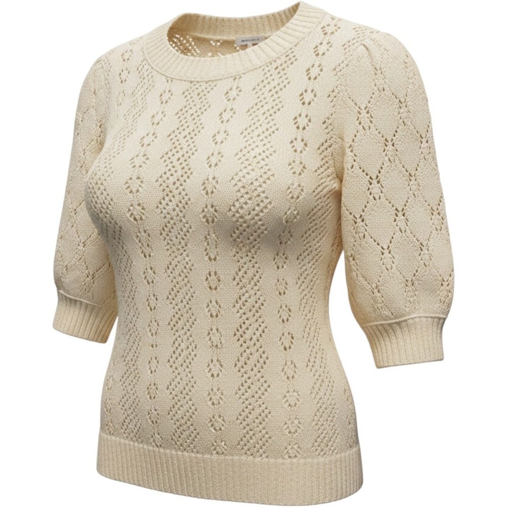 Free People Cream Pointelle Open Knit Puff Sleeve Sweater OB1864493 Womens L